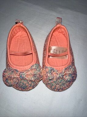 Glitter Bow Baby Slip-On Flats in Coral Pink